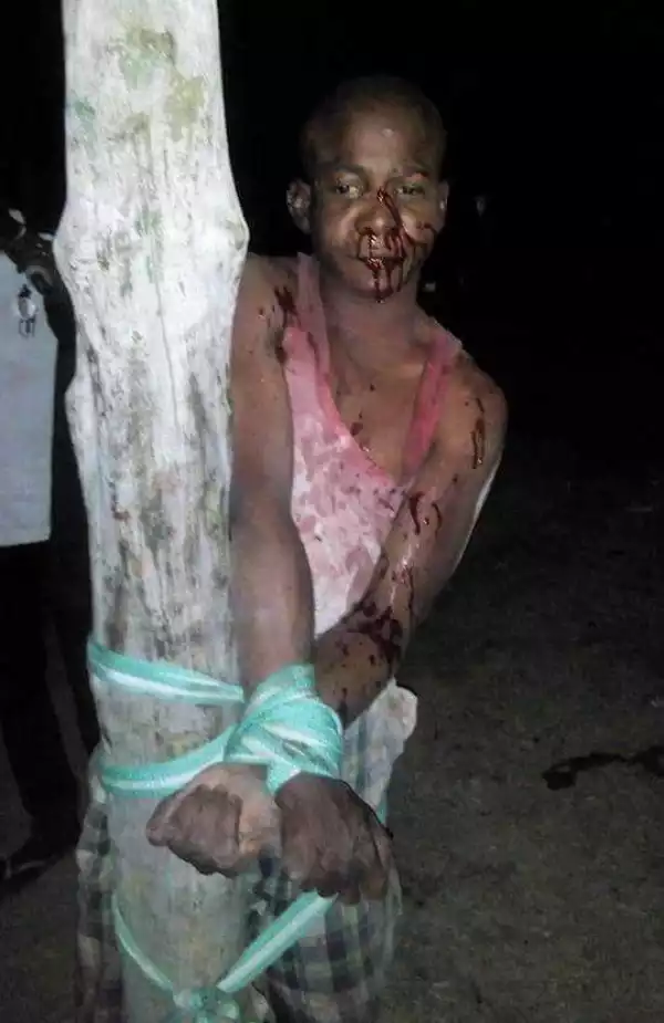 Car Thief Caught & Beaten Mercilessly In Kano. Tied To A Pole With Rope (Photo)